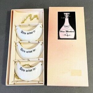 Vintage Shafford 3 White Porcelain Wine Markers Original Box Japan This Wine Is